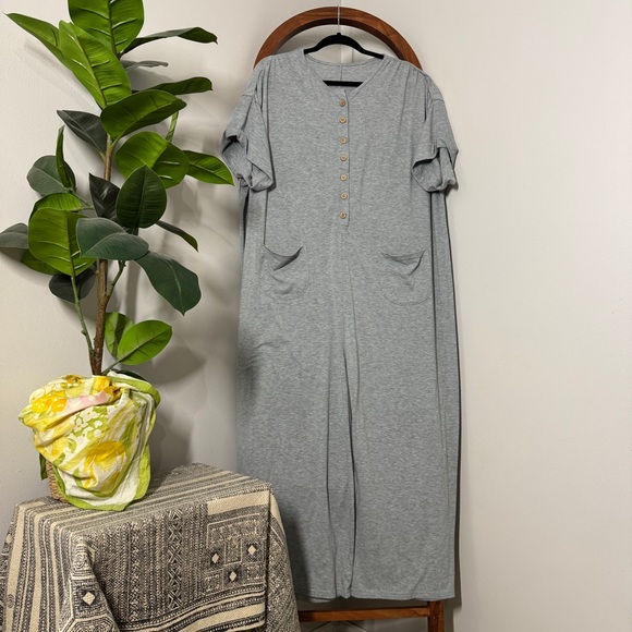 4XL Gray Short Sleeve Casual Knit Button Front Wide Leg Jumpsuit - Picture 1 of 7